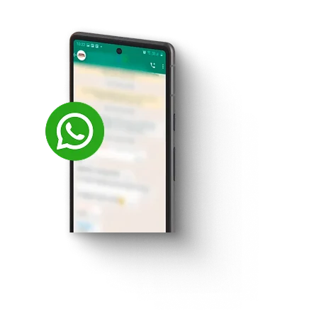 Smartphone showing a blurred WhatsApp chat screen with the WhatsApp logo overlayed on the left side.